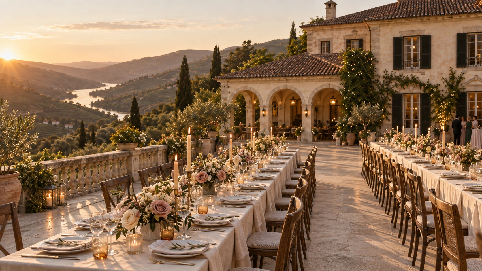 Long tables in cream linen on the stone terrace, set with candles, garden roses and wine glasses beside the arched loggia, the valley glowing beyond