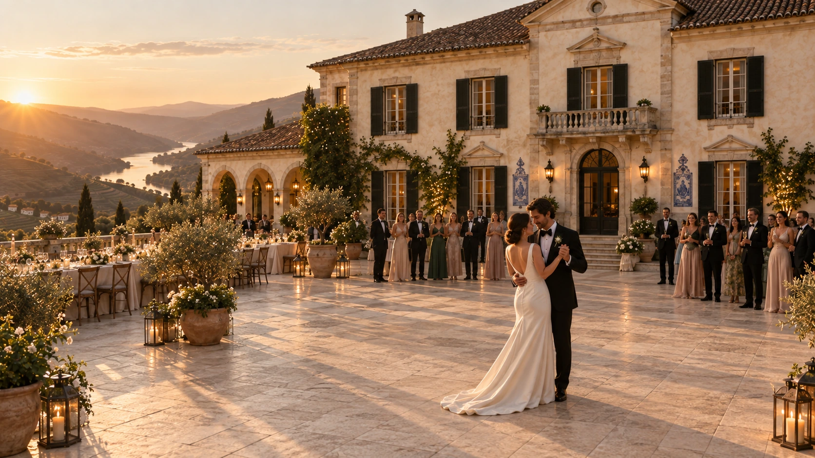 A bride and groom sharing their first dance on the open terrace in front of the manor while guests watch, lanterns lit at dusk