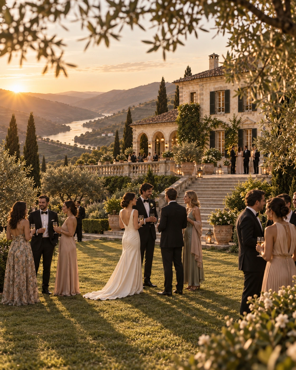 Wedding guests with glasses of white wine on the lawn below the terrace steps, the bride and groom among them, olive branches framing the manor