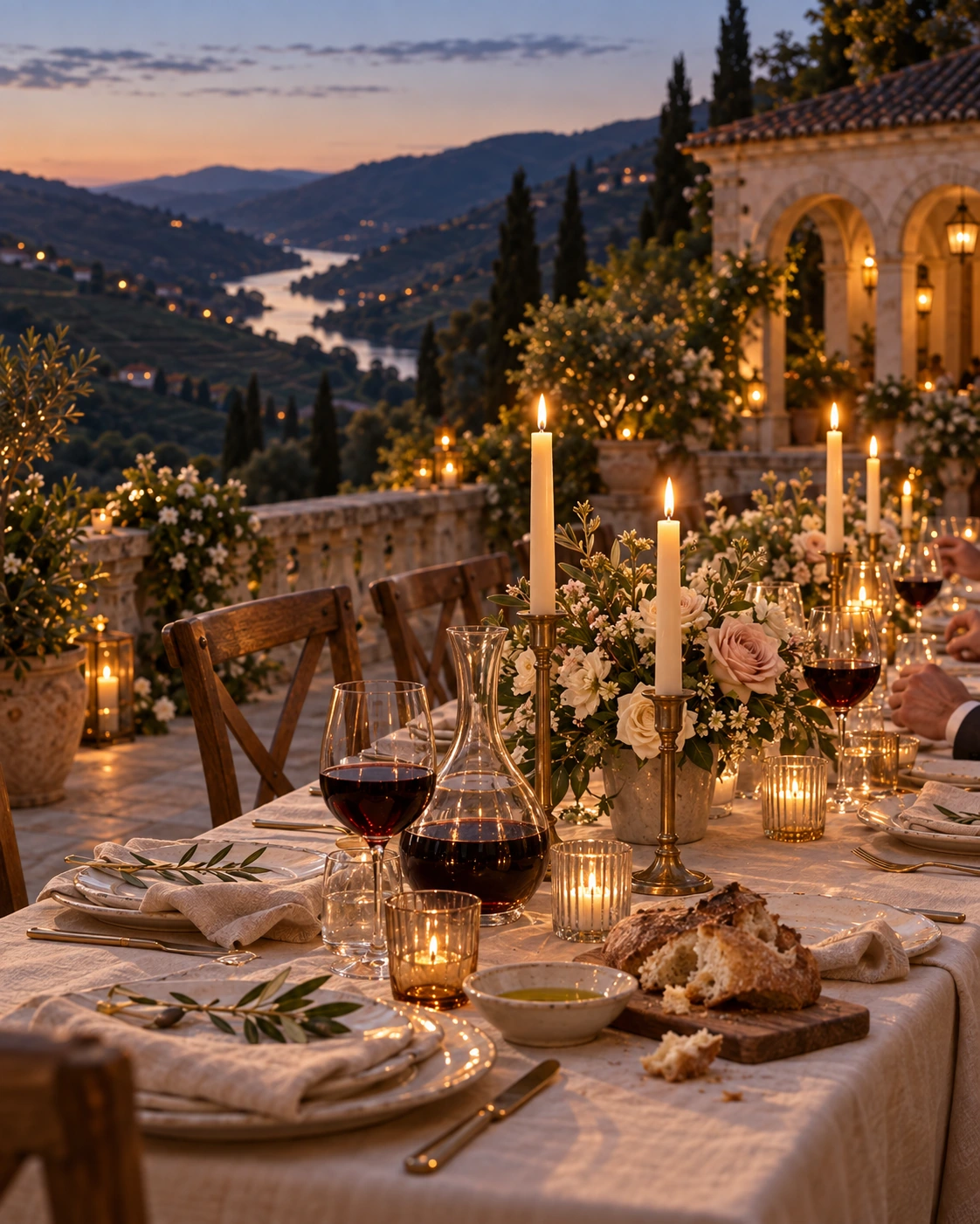 Candles, bread and glasses of red wine along a linen table on the terrace as dusk settles over the valley