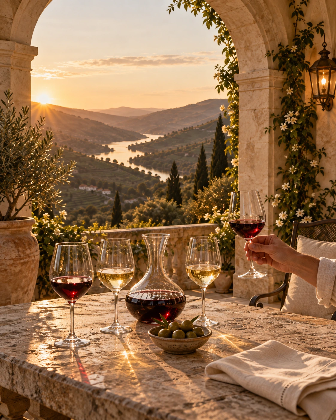 Glasses of red and white wine and a decanter on a stone table under the loggia arch, the valley in late sun beyond