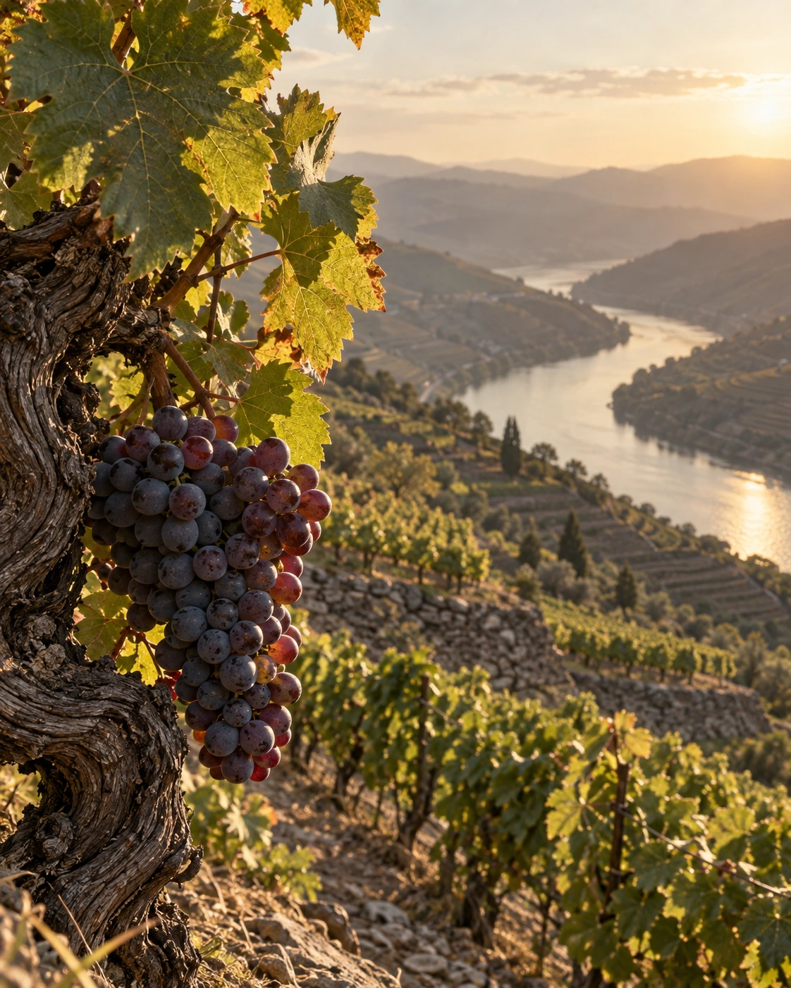 A cluster of dark grapes on an old twisted vine, terraces held by dry-stone walls falling toward the river below